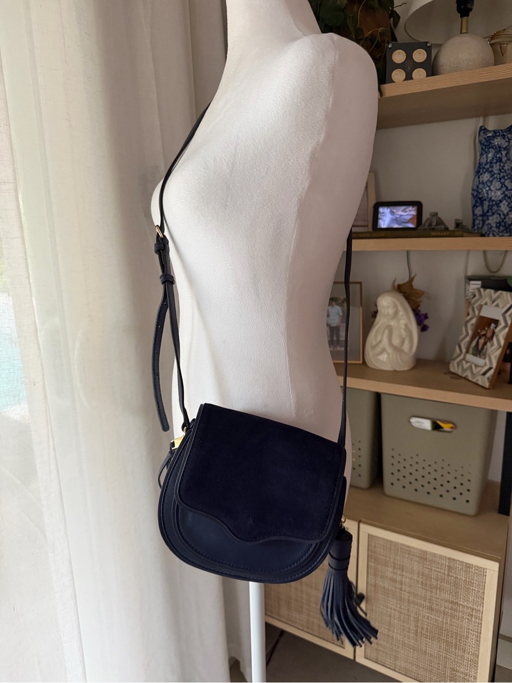 Rebecca Minkoff Suki Mini Saddle Crossbody Navy Leather Suede Tassel Bag